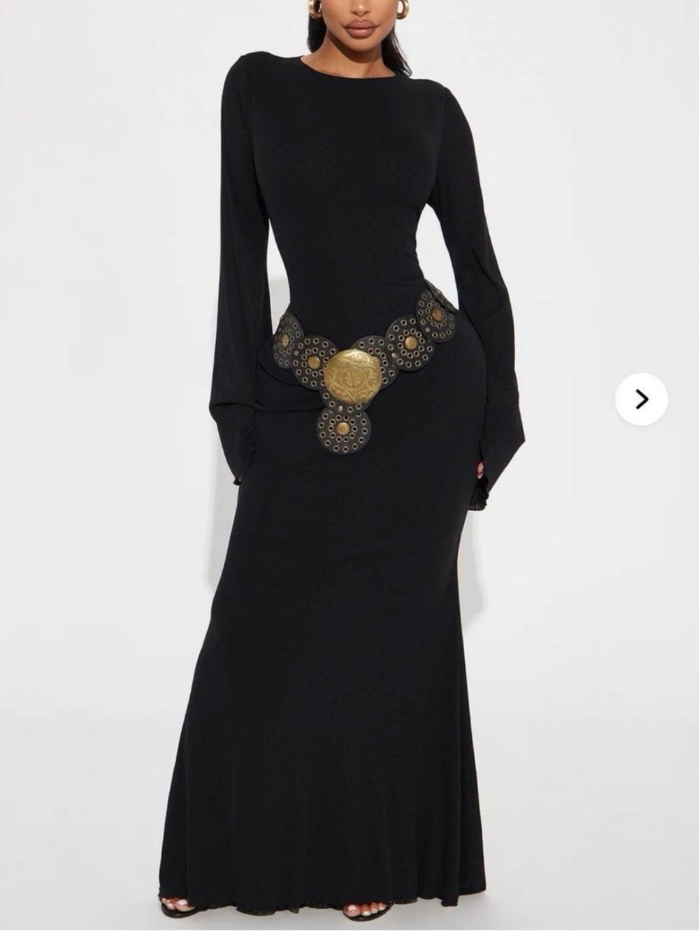 Fashion Nova Black Maxi Dress with Gold Medallion Waist